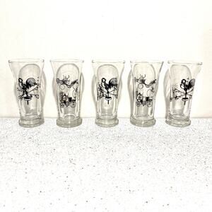 Vintage Juice Glasses Set (5) Retro Clear Glass & Black Gold Roosters Carriages